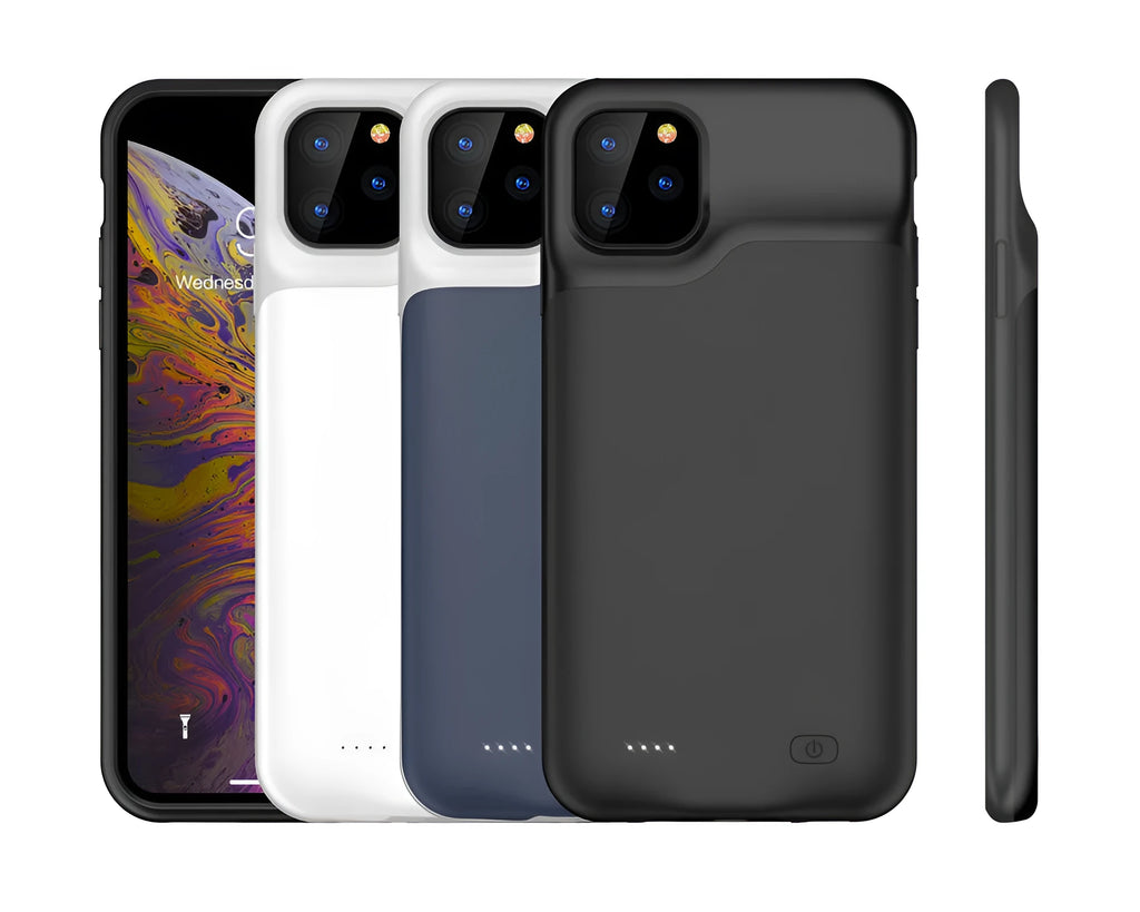 Shockproof silicone iPhone battery charger case in black, blue, pink or white colours with extended battery capacity