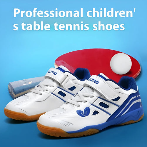 White and blue badminton shoes with PVC upper, rib bottom sole, and low-top wedge design