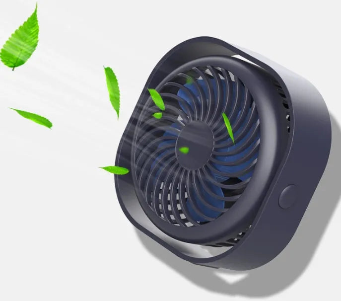 Compact USB desk fan in blue with 360-degree rotation head and rotary switch.