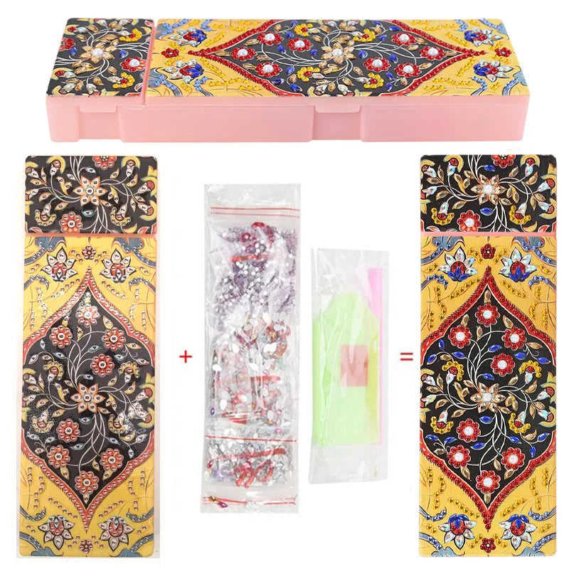 DIY diamond painting kit for making a personalised PU leather pencil case or wrist bag with resin sequins.