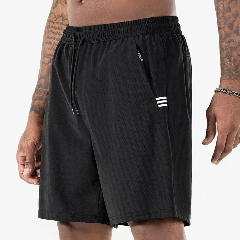 Men's black ice silk quick-dry sports shorts with a drawstring high waist, shown in a size XL.