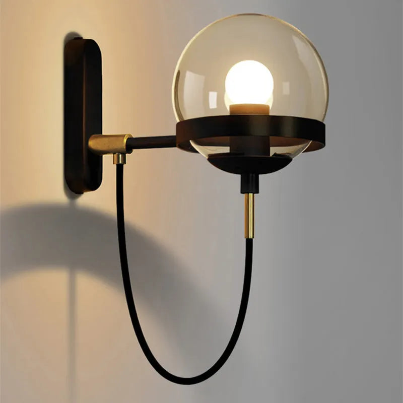 Modern retro LED wall lamp with glass shade in black colour, push button switch, Nordic postmodern style