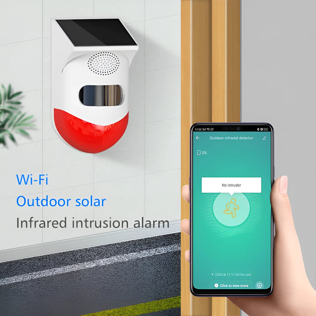 Solar-powered infrared alarm detector with wireless remote control for outdoor security