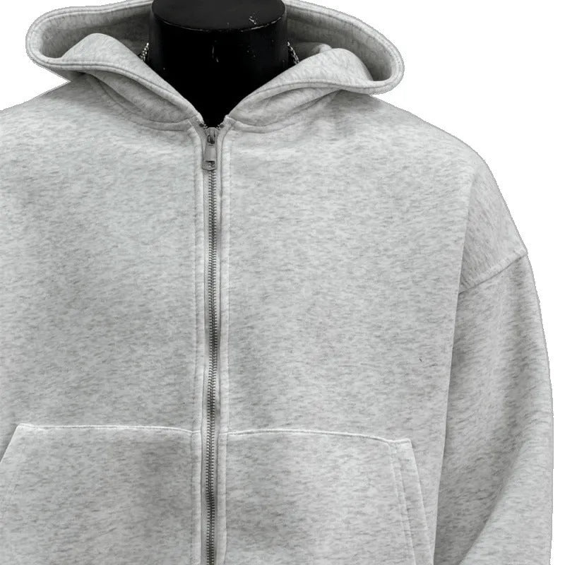 Men's light grey hooded sweatshirt with a schoolbag graphic printed on the back.