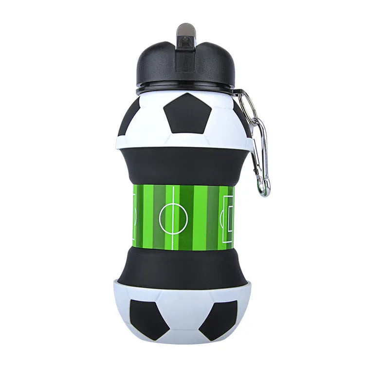 White collapsible soccer ball silicone water bottle with straw and black carrying clip on white background