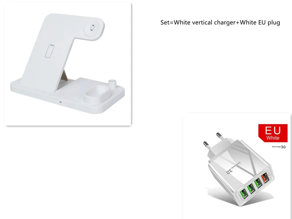 Black 4-in-1 wireless charging station with phone on adjustable stand, Apple Watch, and AirPods charging.