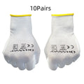 Pack of 10 white PU coated labour gloves showing the wrist length and textured coating.