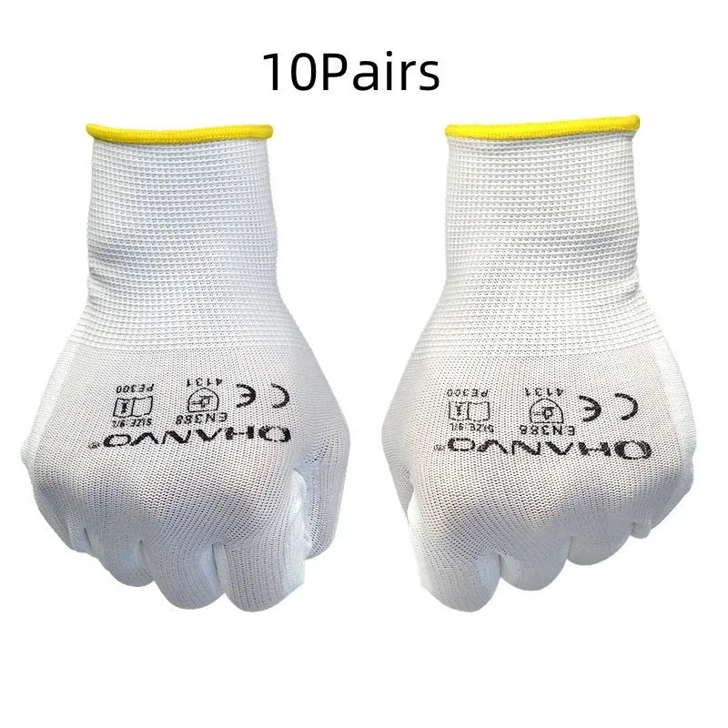 Pack of 10 white PU coated labour gloves showing the wrist length and textured coating.