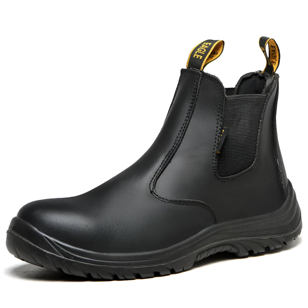 Black leather safety work boots with high-top design and anti-piercing function