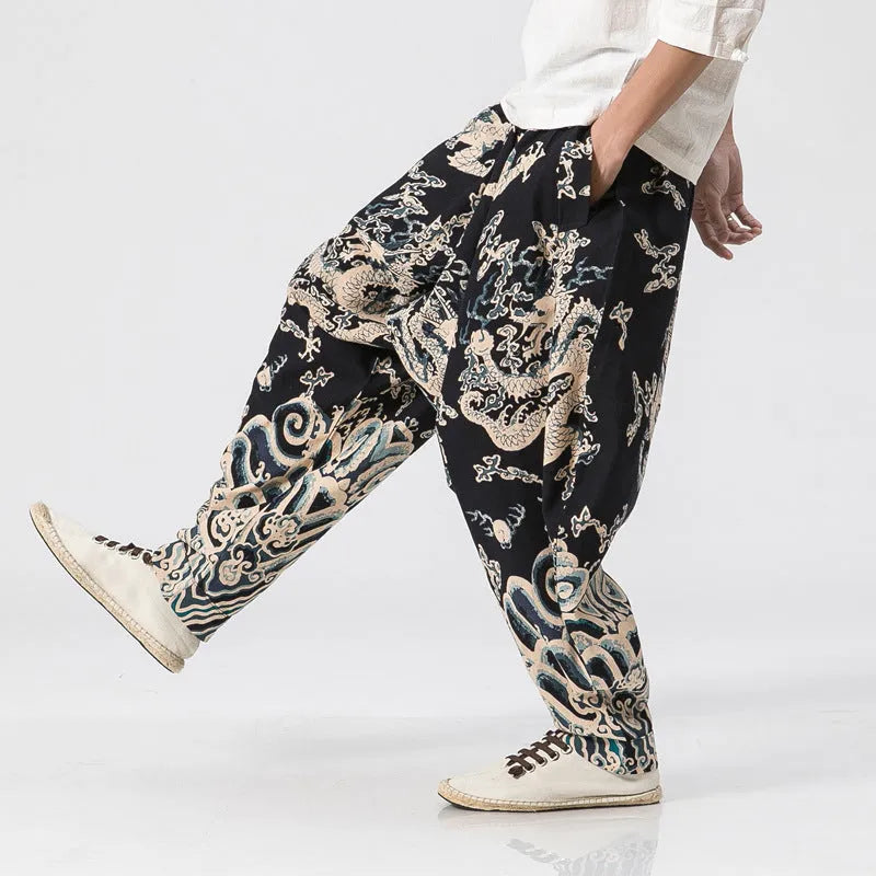 Men's dragon print harem trousers with elastic waist, loose length, available in multiple sizes
