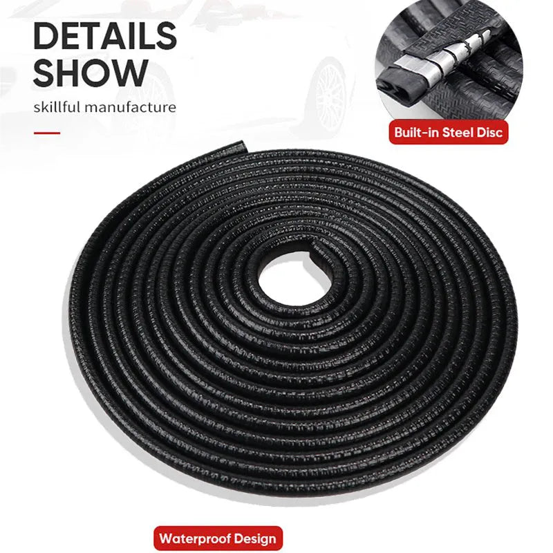 Universal car door edge anti-collision strip with built-in steel disc, PVC and metal construction, available in multiple colours and sizes on a car door.