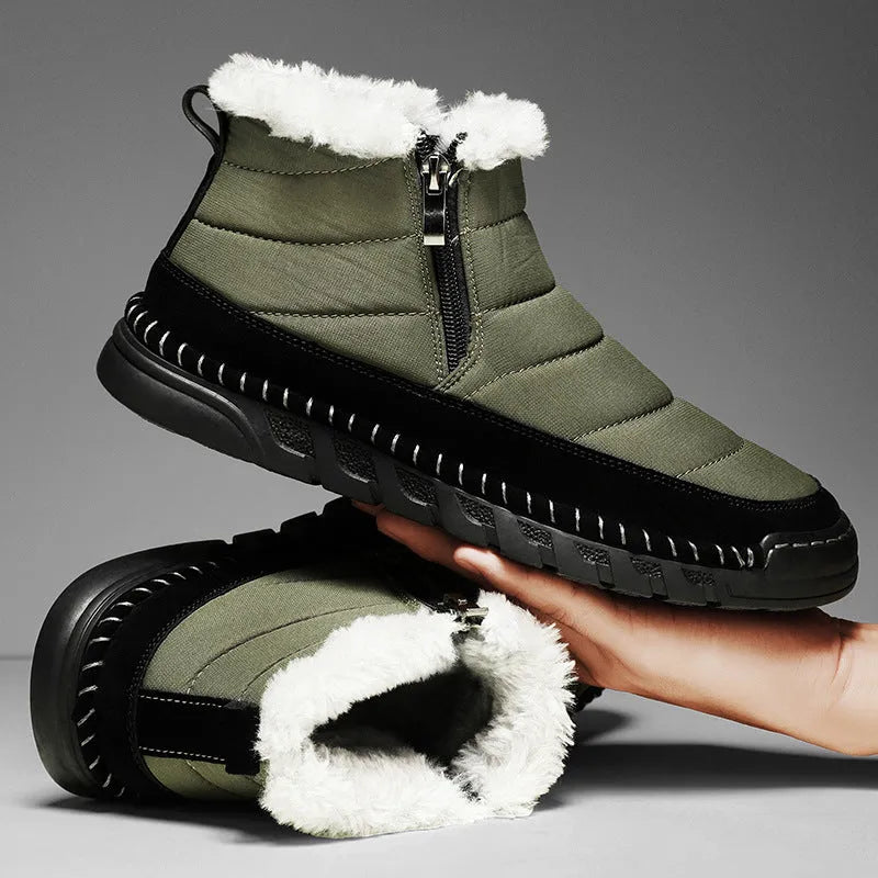 Men's plus size snow boots in black with round toe design and non-slip rubber sole