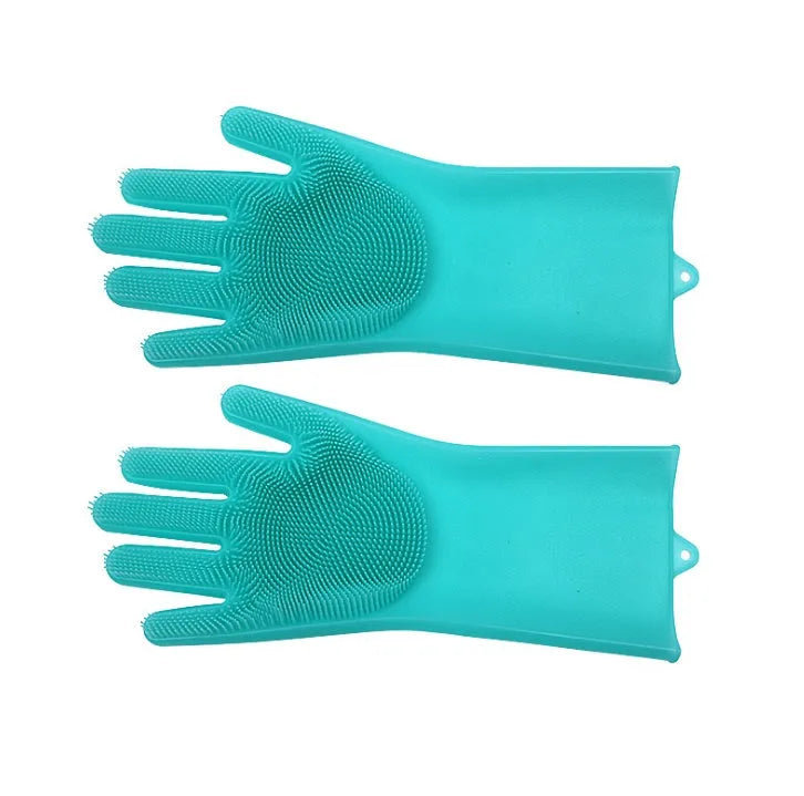 Blue silicone cleaning gloves with a textured sponge palm design for scrubbing.