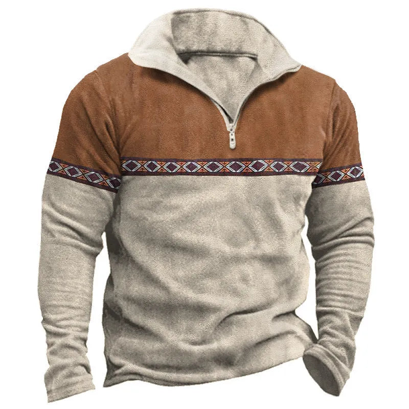 Man wearing a multicolour retro patchwork zip-front polo sweater.