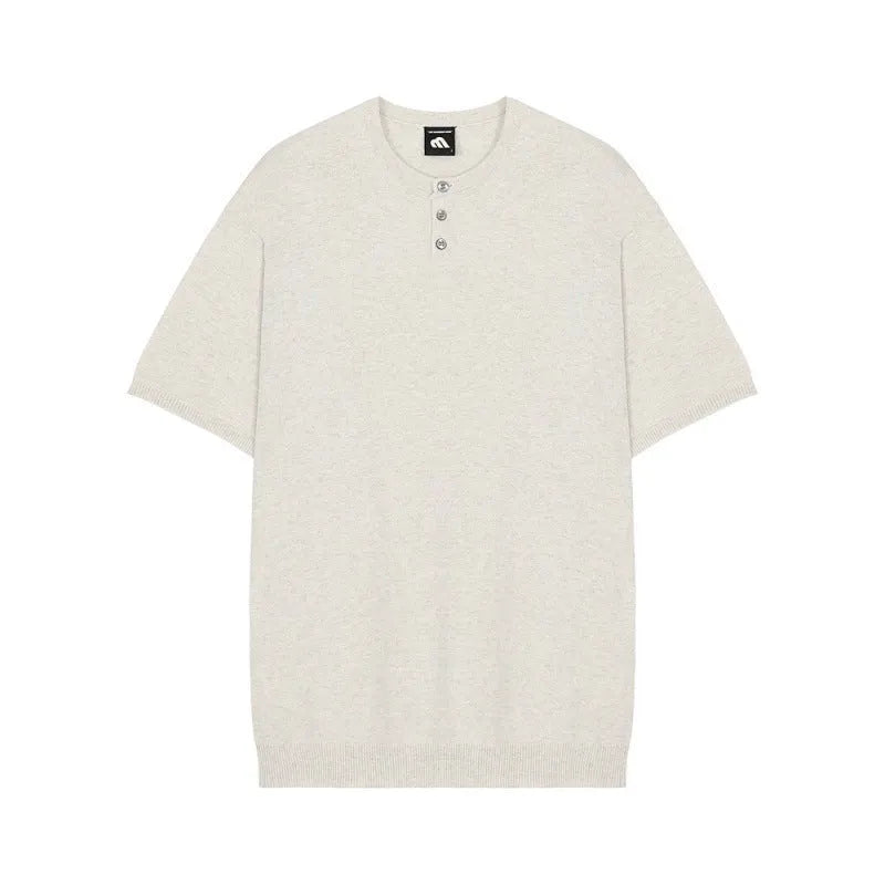 Men's black slim-fit short-sleeved ice silk knitted shirt on a hanger