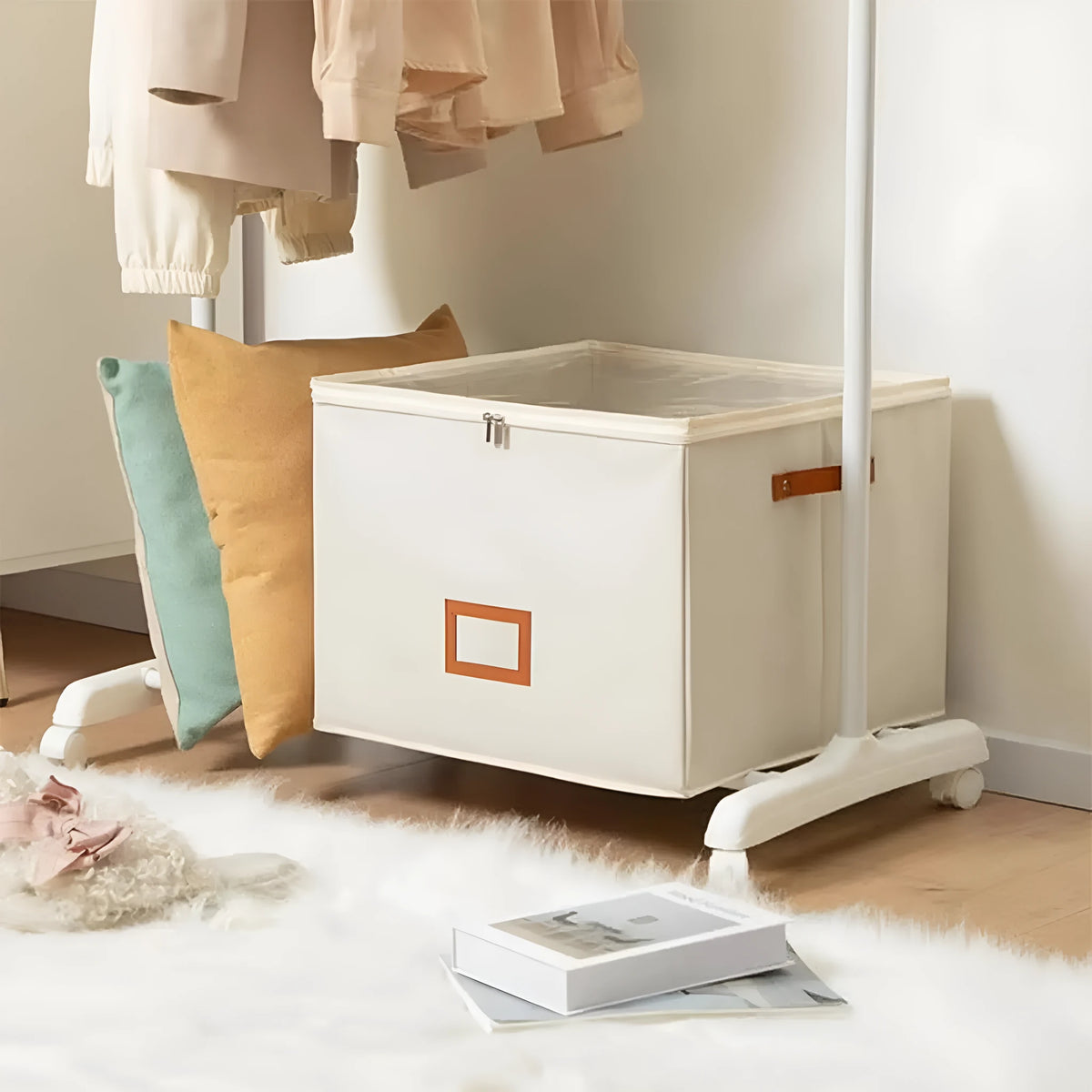Foldable visual shoe box with grid front and lid, beige, large size 36x36x30cm