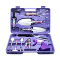 10-piece purple gardening tool set with rust-proof iron paint finish and plastic handles in storage box