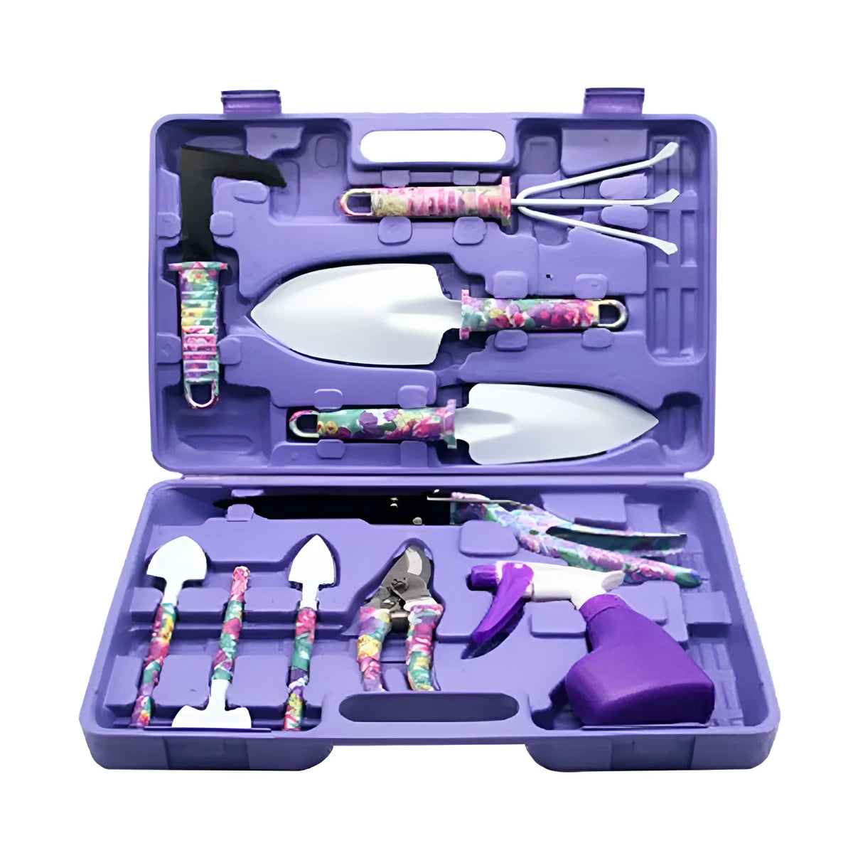 10-piece purple gardening tool set with rust-proof iron paint finish and plastic handles in storage box