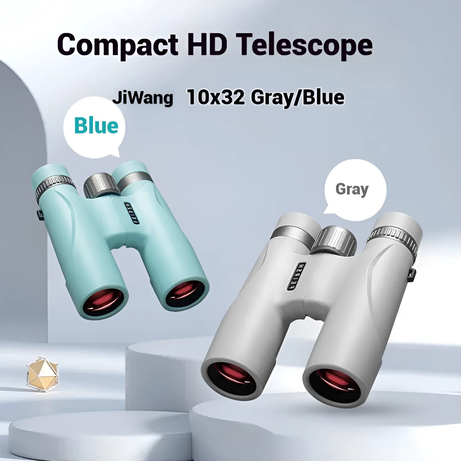 Compact 10x32 binoculars with wine red film imaging in blue or grey plastic housing