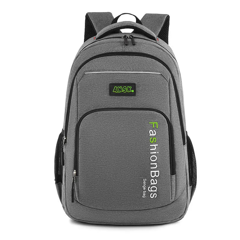 Large capacity black nylon travel backpack with multiple internal compartments and double shoulder straps.