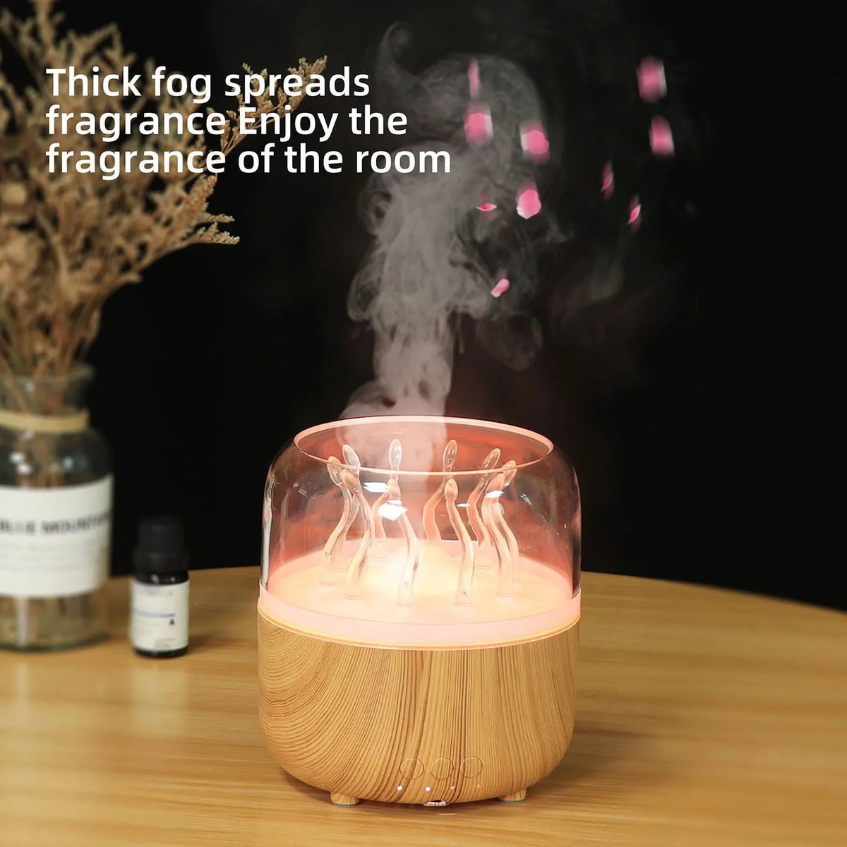 Wood grain rotating dynamic spray jellyfish ambience light humidifier with black finish