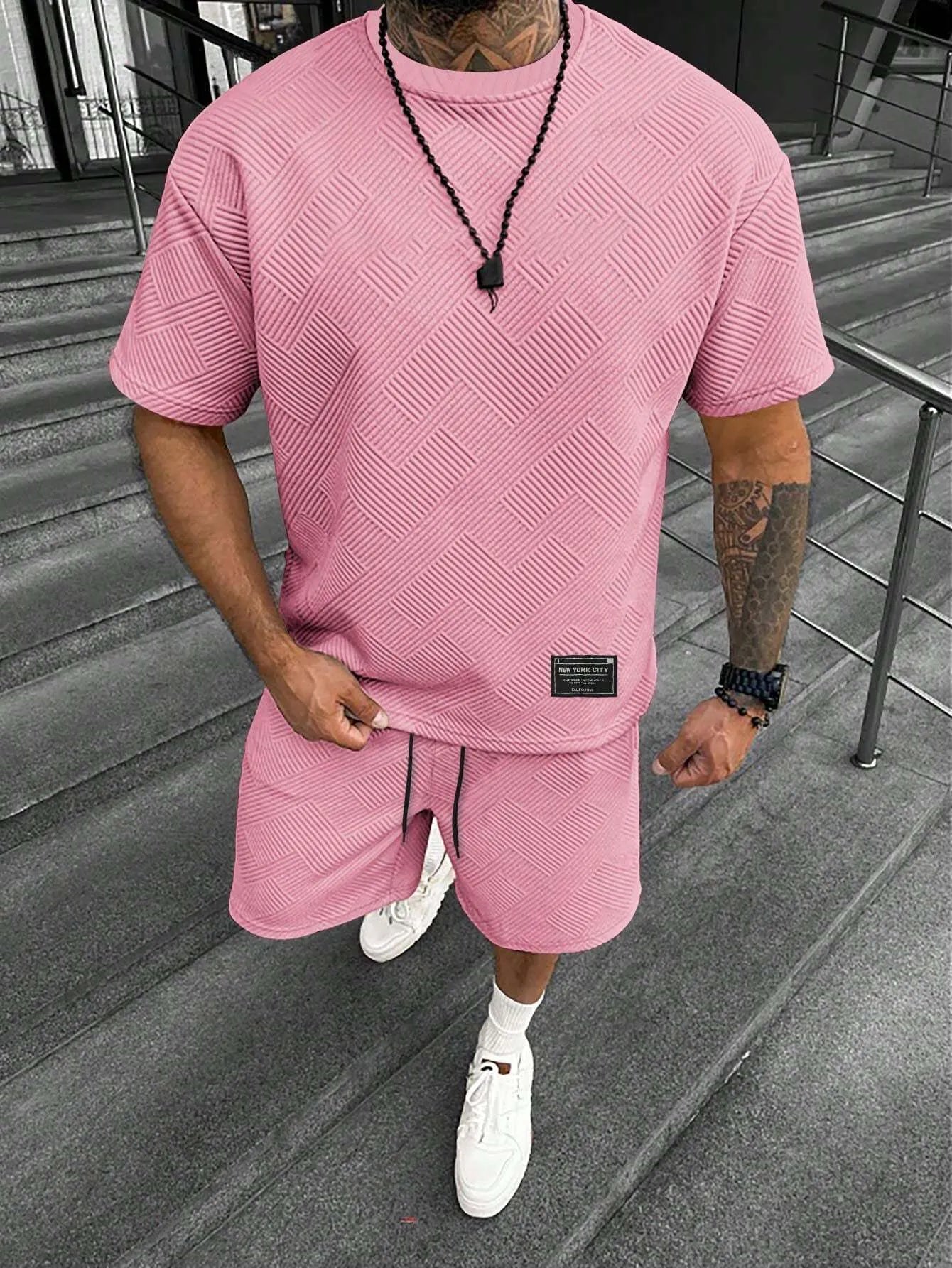 Men's two-piece shorts set with 3D printed design in chemical blend fabric