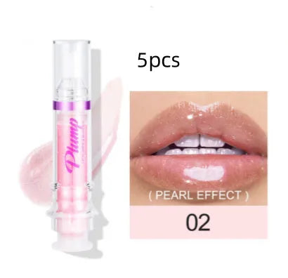 Tube of lip gloss showing shiny finish, available in six different colour shades.