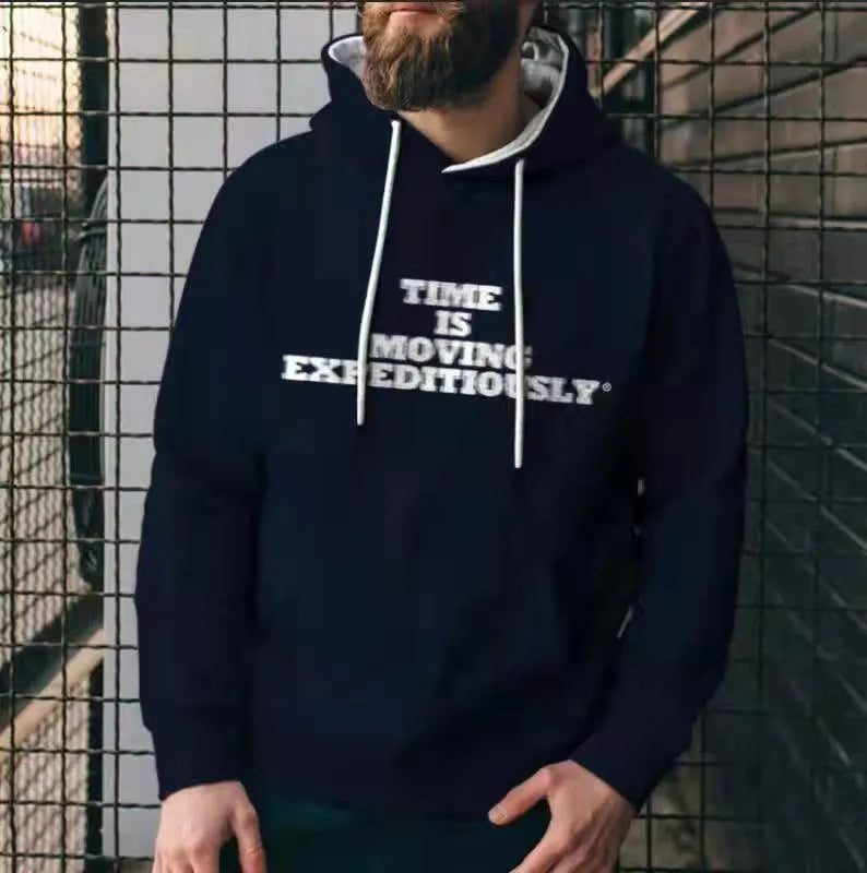 Men's solid colour polyester hoodie with 3D print, loose fit, round neck, long sleeves in black