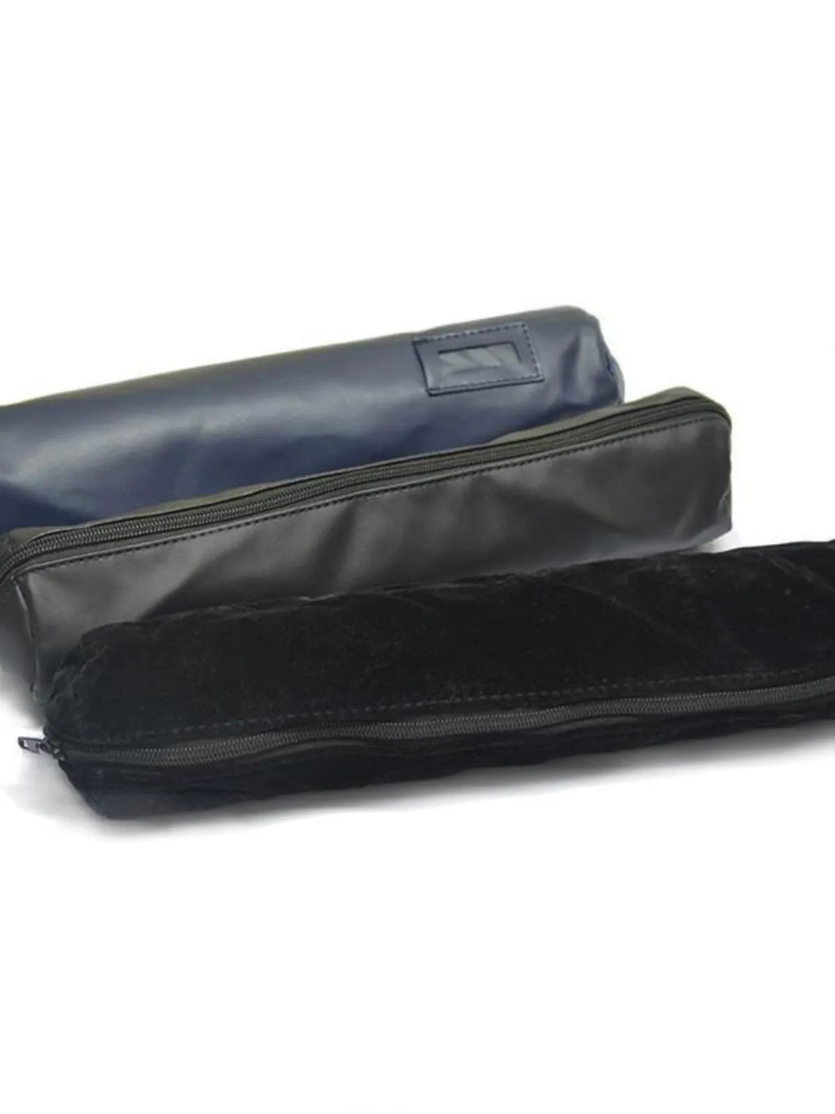 Portable bracelet watch storage bag in black leather with black bracelet stick on a flat surface