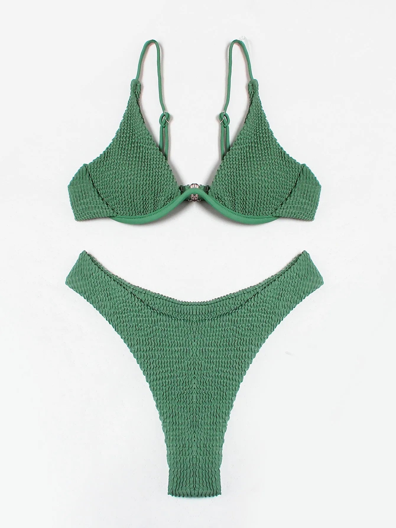 Women's solid green bikini suit with ruffle detailing and split-front design on mannequin