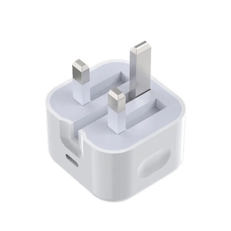 White 20W USB-C PD fast charger with UK plug and a choice of cable lengths.