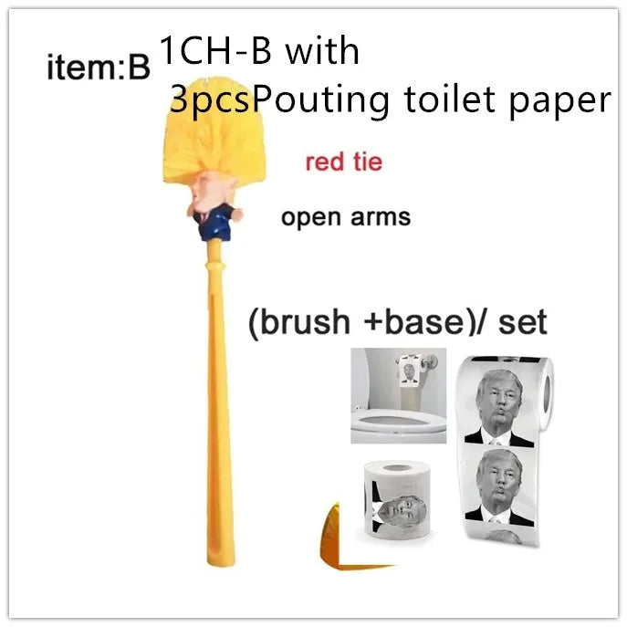 Yellow plastic Donald Trump toilet brush with hanging slot on handle.