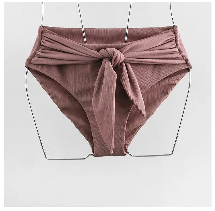 Women's bubble sleeve lace-up bow bikini split swimsuit in picture colour with nylon and spandex material