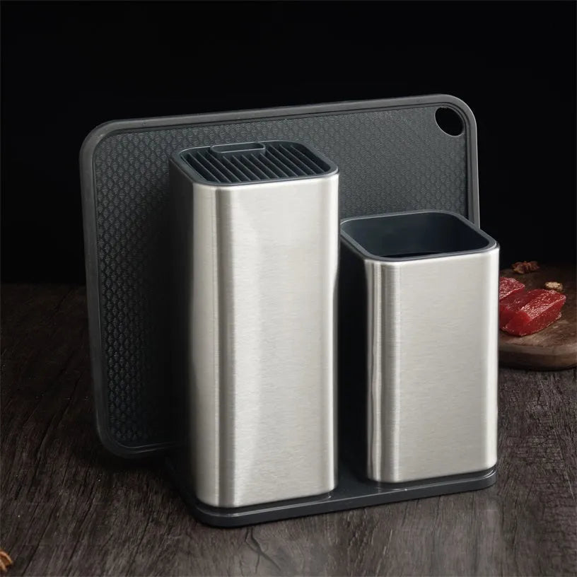 Stainless steel kitchen knife holder with storage bucket in black colour showing detachable drainage base