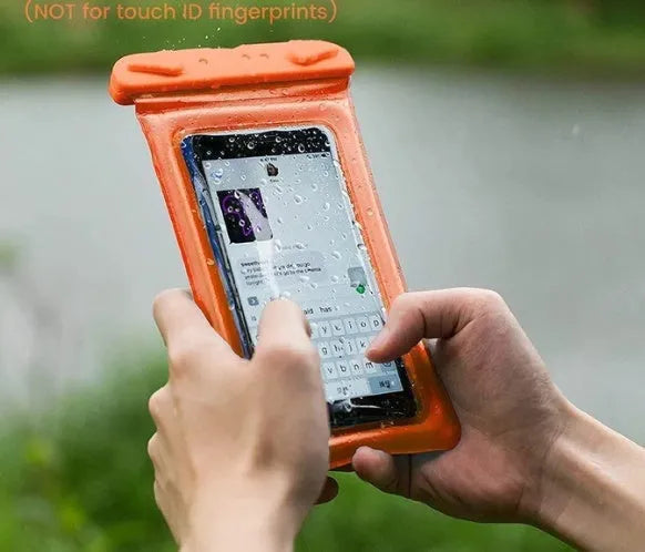 Orange PVC waterproof mobile phone pouch with a black rope lanyard attached.