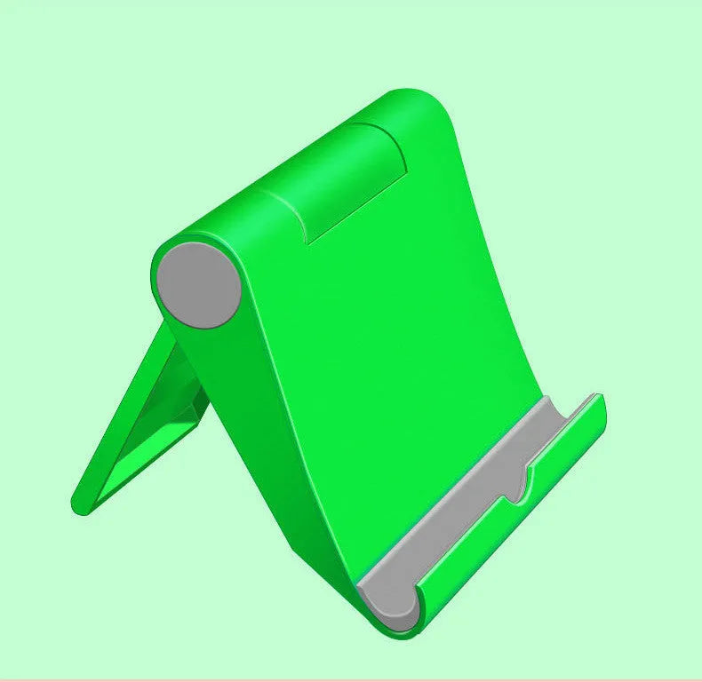 Black PE folding stand holding a smartphone at an angle on a wooden table.