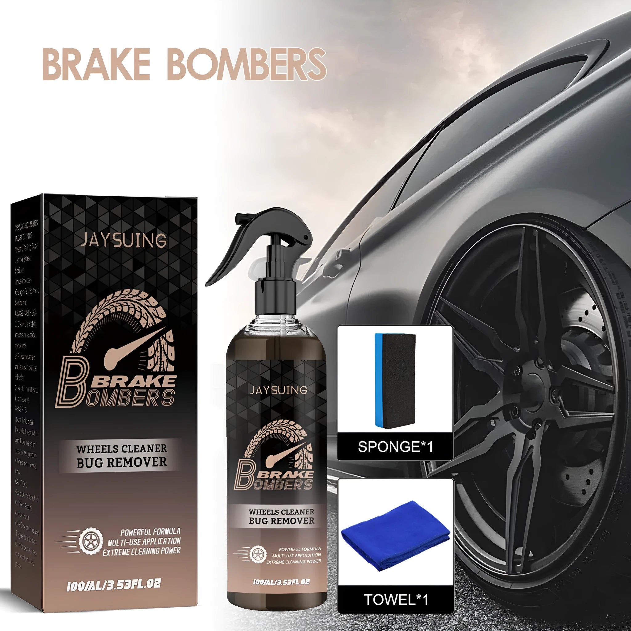 100ml car brake disc cleanser bottle with sponge and microfibre cloth for rust removal.