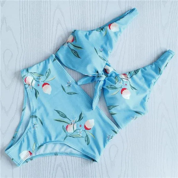 Bikini knotted double-sided swimsuit in blue, polyester spandex blend, front view