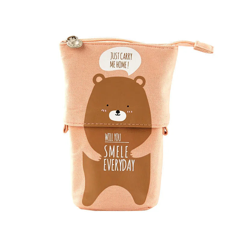 Korean-style round canvas pencil bag with cartoon pattern and zippered closure
