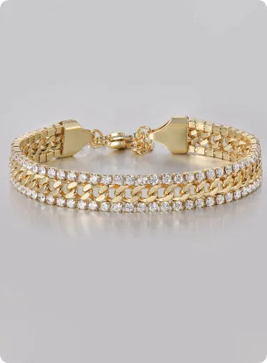 Gold titanium steel hip hop style tennis bracelet with artificial gemstone inlays for men and women.