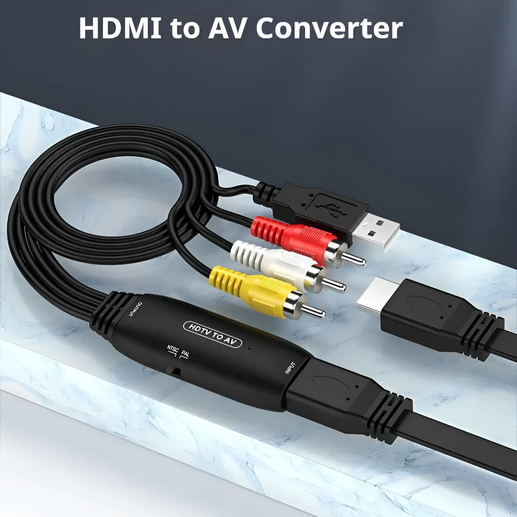 HDMI to AV converter cable with 110cm length showing HDMI connector and AV output options