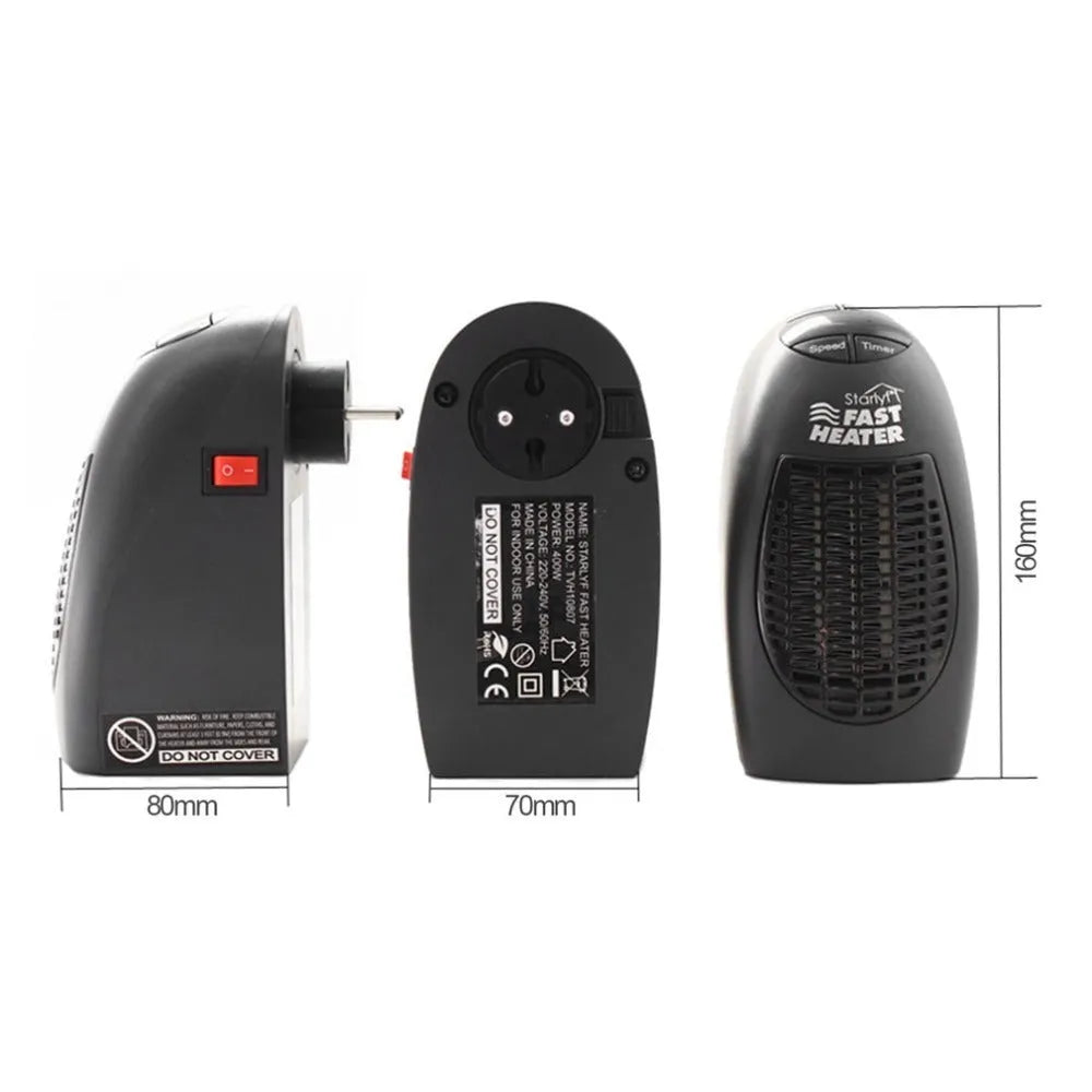 Black mini portable electric heater with digital display and a rotating plug on a white background.