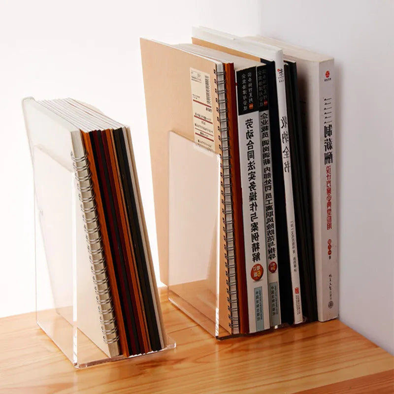 Transparent acrylic bookshelf holding two books on a desk surface