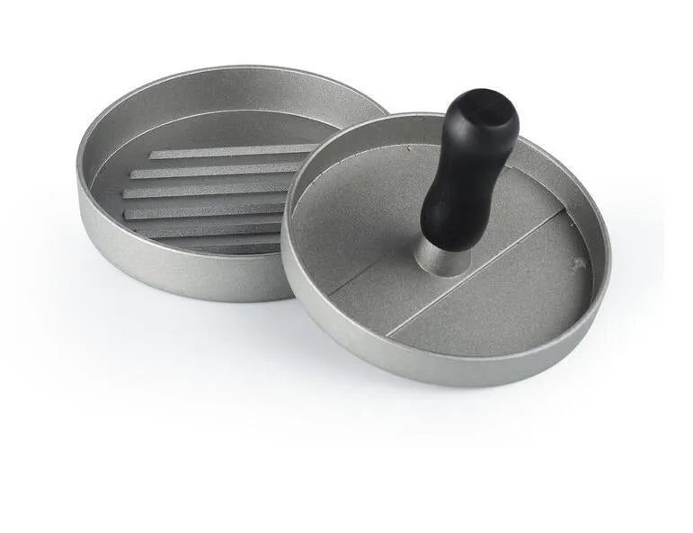 Single aluminium die cast burger press with base and handled plate, 12x12x9 cm size