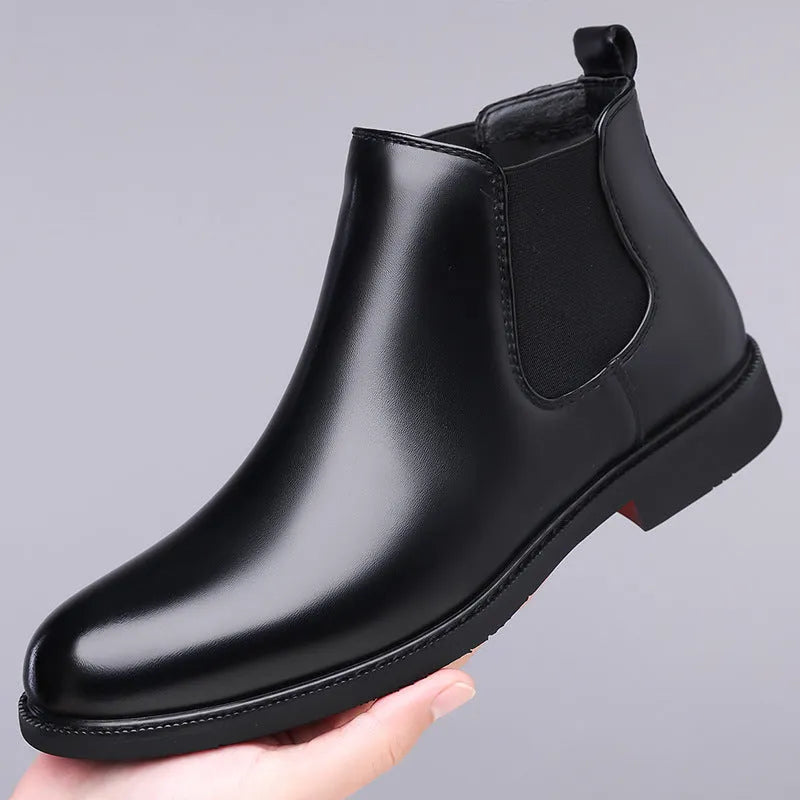 Men's brown fleece-lined Martin boots with tassel detail, rubber sole, and PU leather upper for outdoor use
