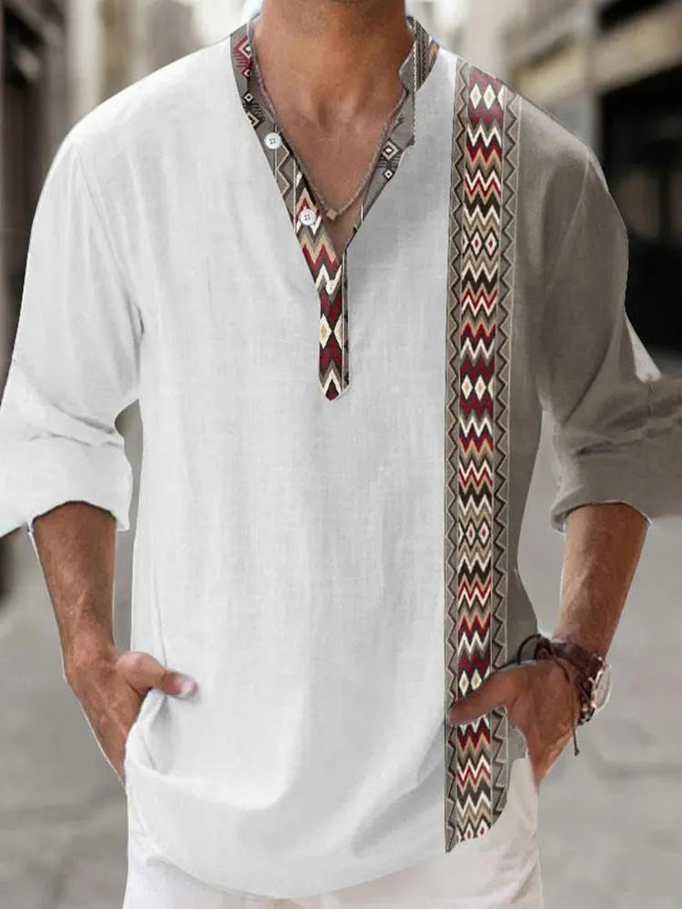 Men's thin digital bamboo linen Hawaiian shirt with stripe pattern in cardigan style