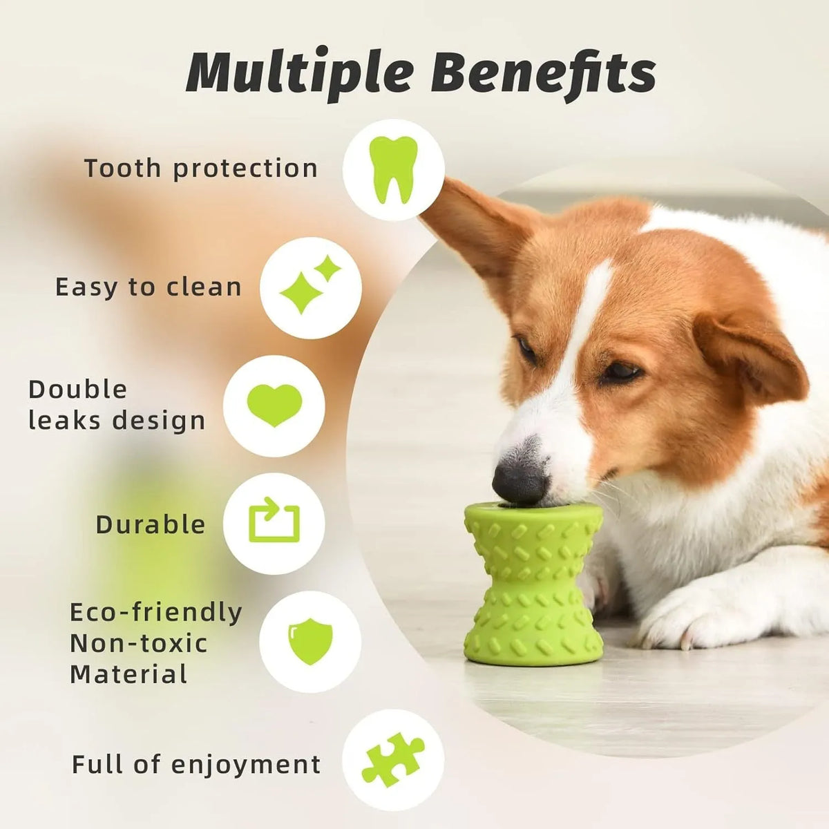 Blue natural rubber treat dispensing dog bone toy with double-sided food leakage holes on white background