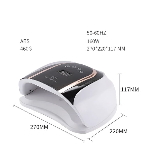 160W touch screen nail lamp with 459 dual light source beads in pink, showing touch panel and removable bottom plate