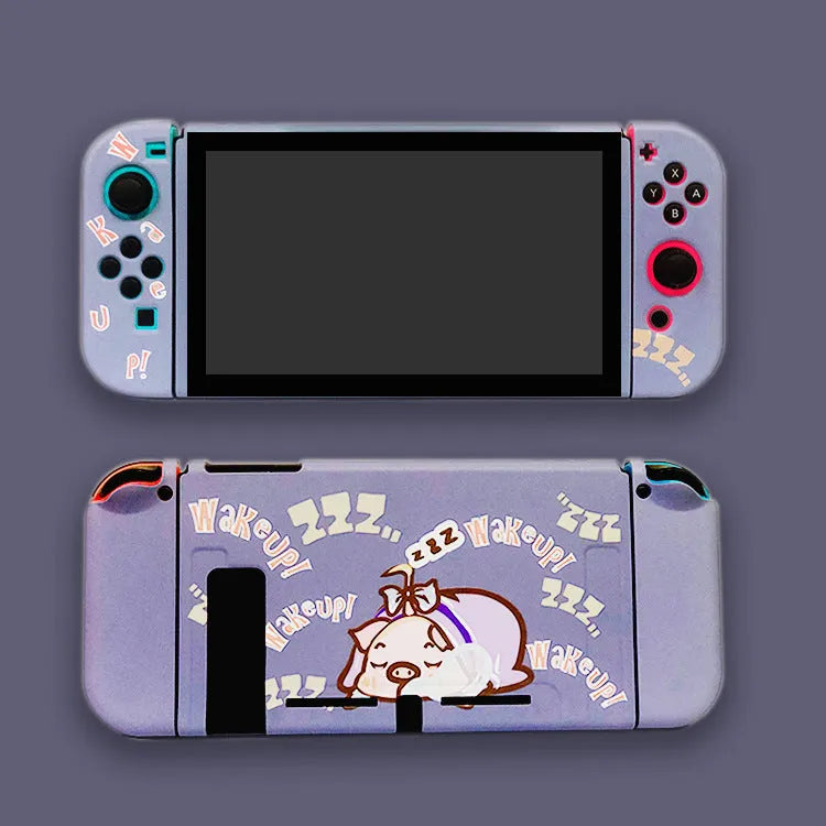Nintendo Switch silicone protection case showing four colour pattern options and split-shell design