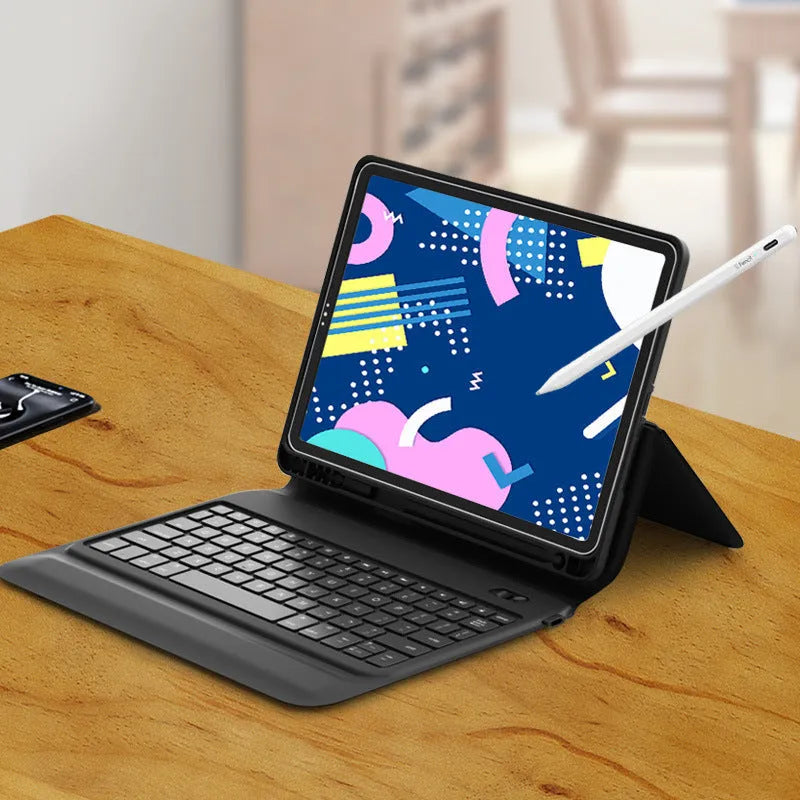 Ultra-thin wireless Bluetooth keyboard leather case for iPad in black flip-style design with integrated keys